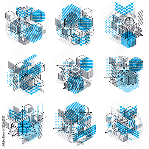 Abstract vector backgrounds with isometric lines and shapes. Cub