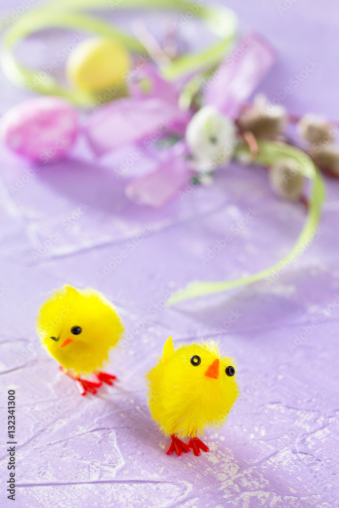 Colorful Easter frame - quail eggs, chickens and willow branch o