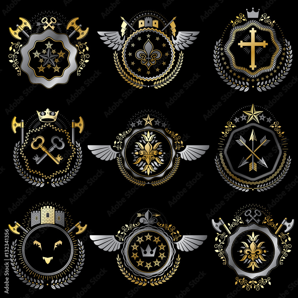 Heraldic decorative emblems made with royal crowns, animal illus