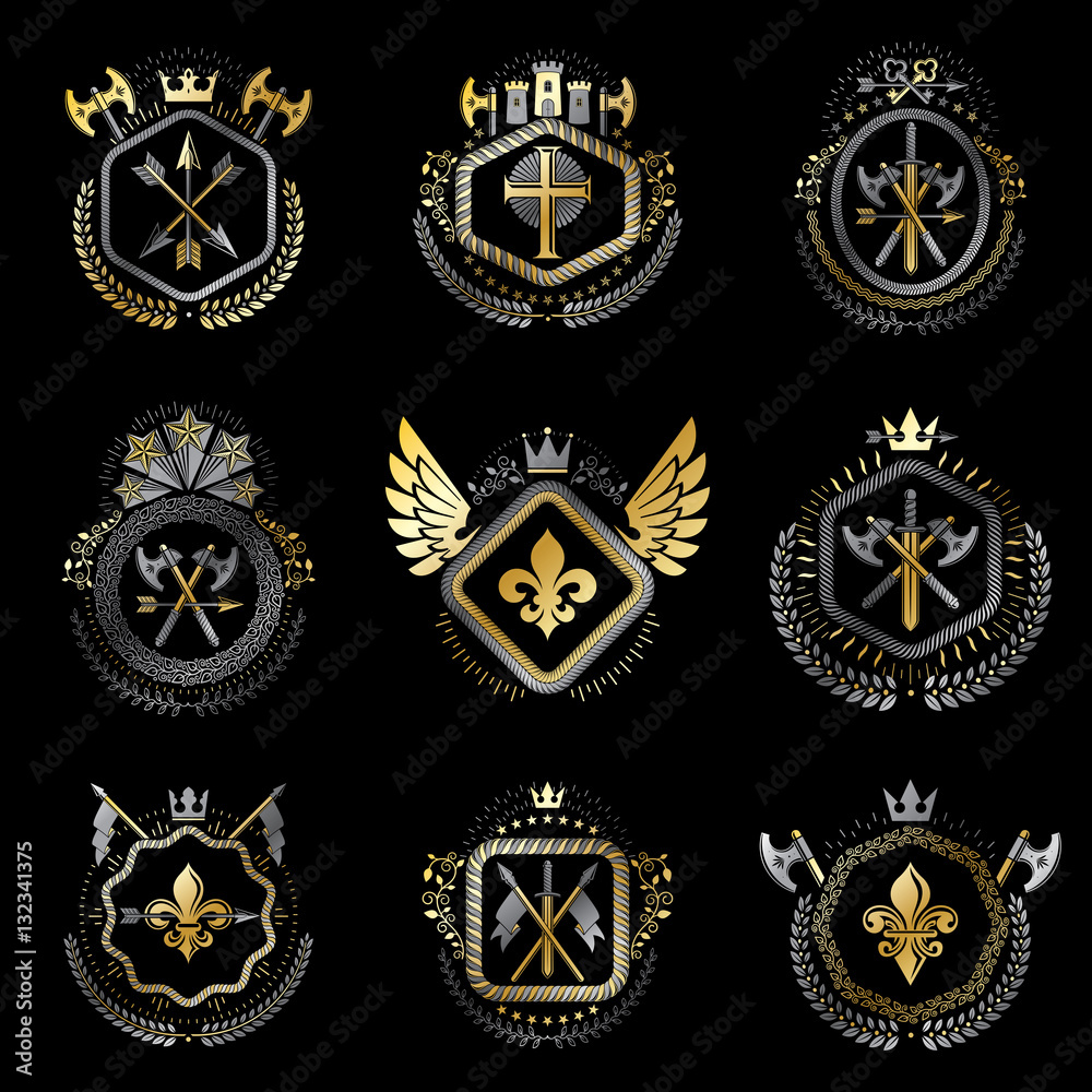 Heraldic decorative emblems made with royal crowns, animal illus