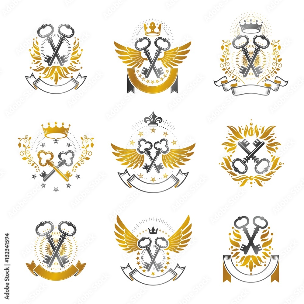 Obraz premium Old Turnkey Keys emblems set. Heraldic vector design elements co