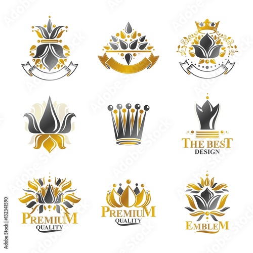 Royal symbols, Flowers, floral and crowns, emblems set. Heraldic