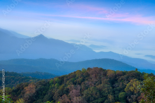 Landscape view of mountains and mist at sunrise time at Doi Inthanon National Park  High mountain in Chiang Mai Province  Thailand