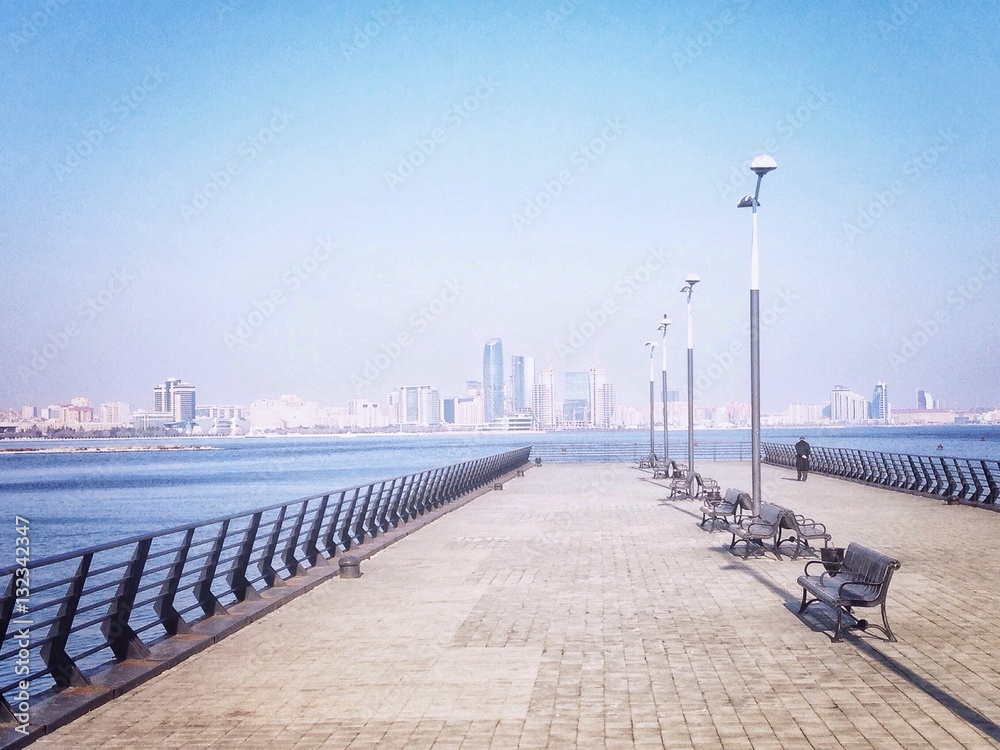 Pier and skyline view of Baku, Azerbaijan