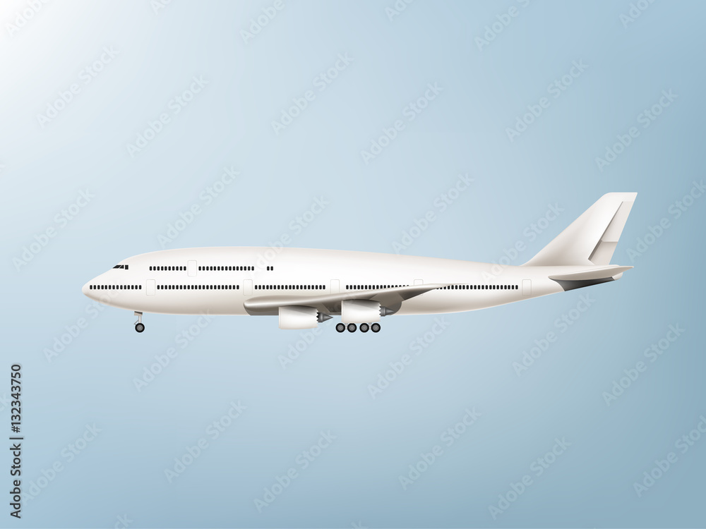 realistic beautiful illustration vector of jet commercial airplane on blue sky background, vector high detailed airplane, airline concept travel planes.