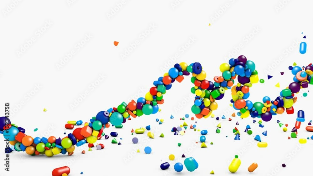 3d motion graphics, isolated wave made of geometric objects - cubes, cones, spheres and other