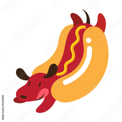 Cartoon wiener dog wrapped by hot dog bun roll