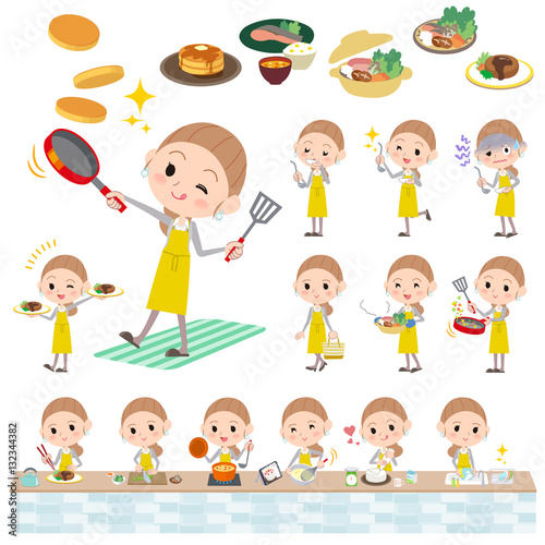 Behind knot hair yellow skirt woman cooking
