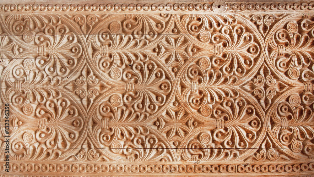 Pattern of old carved door on the wood background, Georgia country traditional craftsmanship
