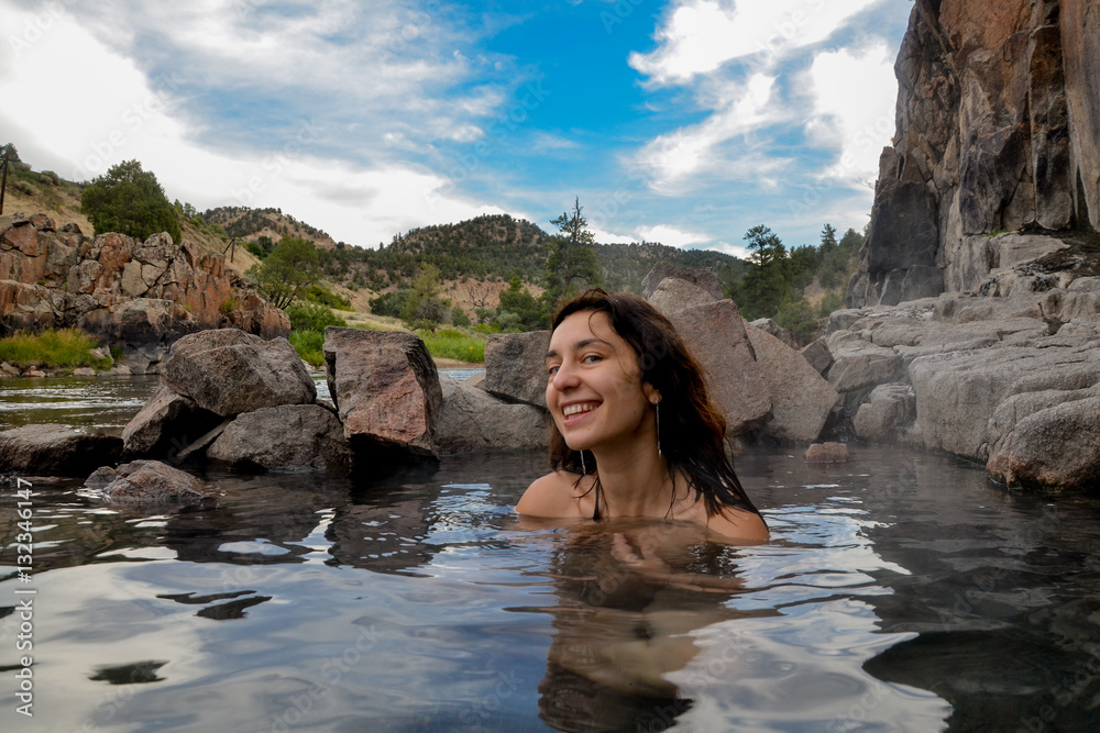 female hiker bathing in primitive hot springs on Colorado river
Radium, Grand County, Colorado, USA female hiker bathing in primitive hot springs on Colorado river
Radium, Grand County, Colorado, USA