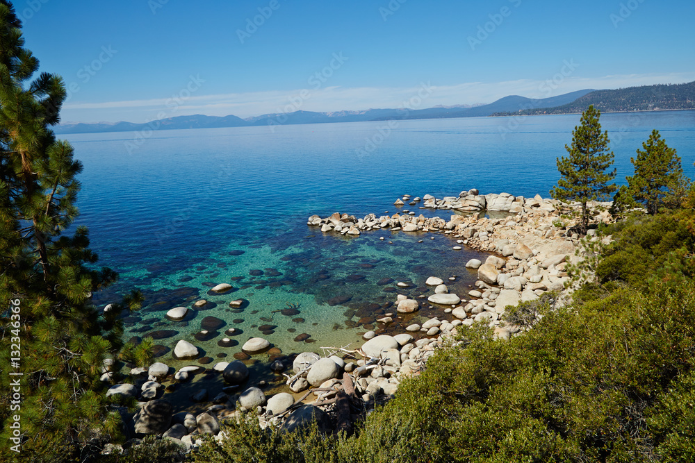 Beautiful Lake Tahoe, high angle with rocks, trees in California