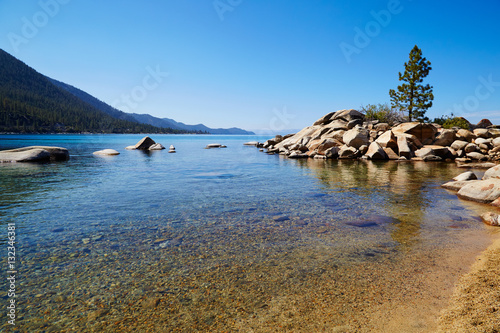 Lake Tahoe California from shore with rocks