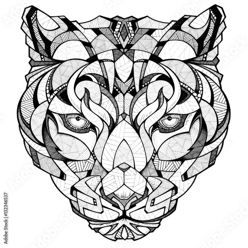 Leopard head, illustration, black and white  photo