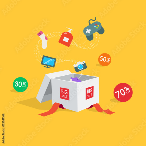 Special offer sale discount symbol with open gift and flow goods isolated on yellow background. Easy to use for your design with transparent shadows.
