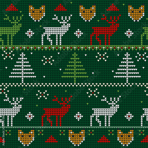 Knitted seamless pattern with deer and foxes