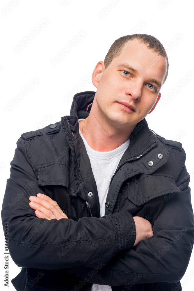 Vertical portrait of a man in a black jacket on a white backgrou Vertical portrait of a man in a black jacket on a white backgrou