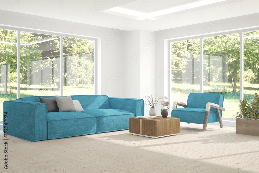 Modern interior design with sofa and green landscape in window