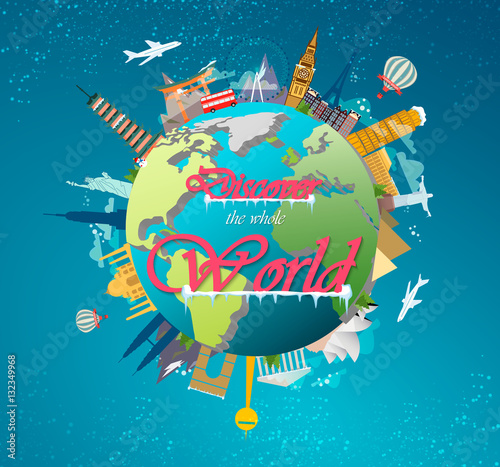 Winter travel. Travel to World. Vacation. Road trip. Tourism. Open suitcase with landmarks. Journey. Travelling illustration. Merry Christmas banners in flat style. EPS 10. Colorful.