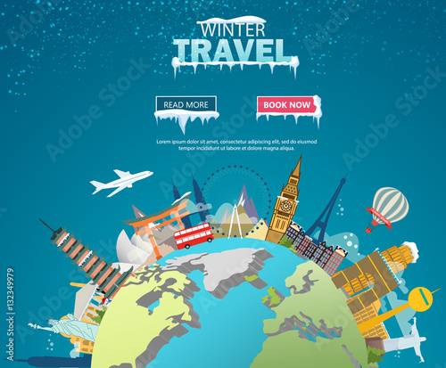 Winter travel. Travel to World. Vacation. Road trip. Tourism. Open suitcase with landmarks. Journey. Travelling illustration. Merry Christmas banners in flat style. EPS 10. Colorful.
