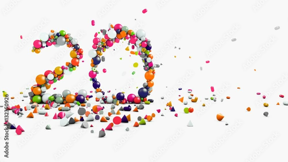 Motion graphics, animated 2017, New Year and Christmas concept, fountain scattering geometric objects falling on floor