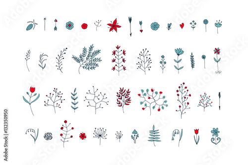 Hand Drawn vintage floral elements. Vector. Isolated.The set of hand-drawn vector decorative elements for your design. Leaves, branches, floral elements. Wedding, birthday, Valentine's day.