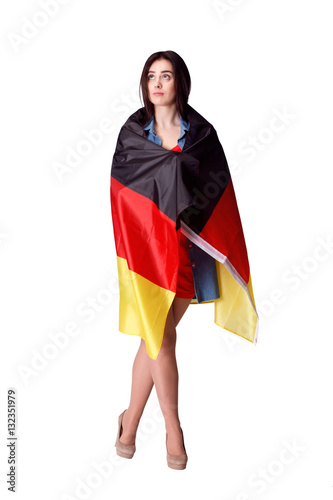 Flag of Germany in hands of sad beautiful woman.