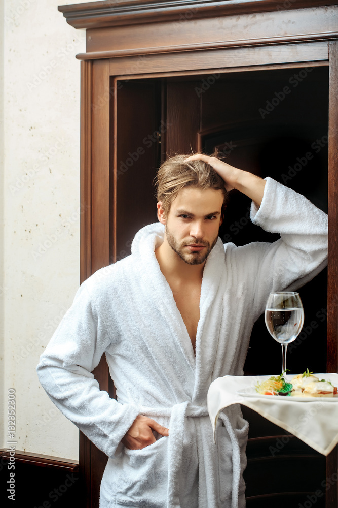 bearded man and tray in hotel bearded man and tray in hotel