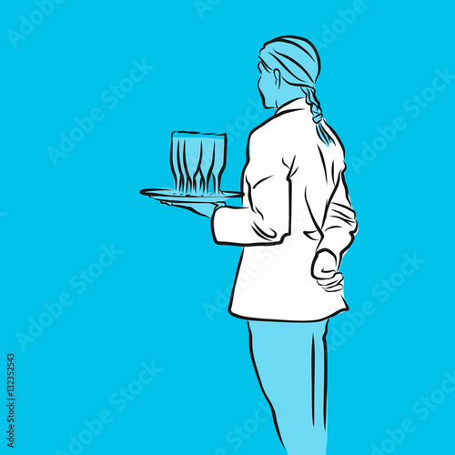 Empfangsdame hält Gläser mit Sekt, Blaue Serie