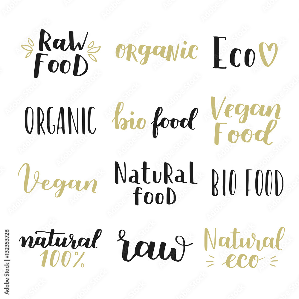 Labels with vegetarian and raw food diet designs. Organic food tags and elements set for meal and drink, cafe, restaurants and organic products packaging. Vector illustrated bio detox logo. Labels with vegetarian and raw food diet designs. Organic food tags and elements set for meal and drink, cafe, restaurants and organic products packaging. Vector illustrated bio detox logo.