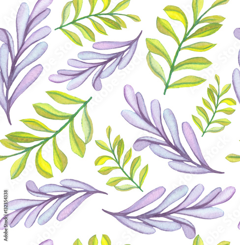 Watercolor Light Violet And Green Leaves Seamless Pattern