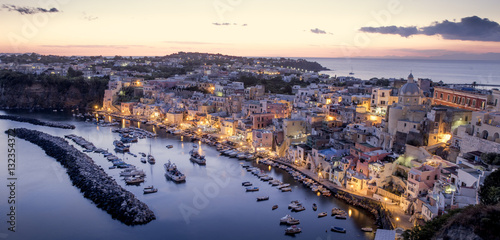 Corricella village on Procida island at night, Italy