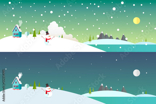 Flat design day and night winter landscape 