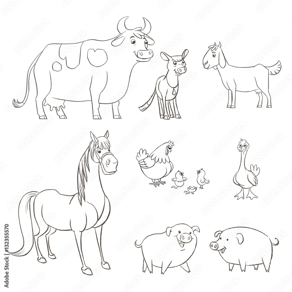 Farm animals cartoon character line drawing set Stock Illustration ...