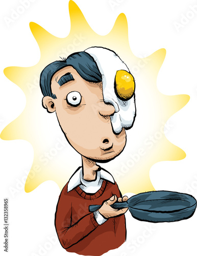 A cartoon man holding a frying pan with a fried egg on his face.