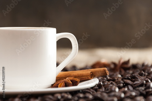 Coffee Beans And Coffee Cup Background.