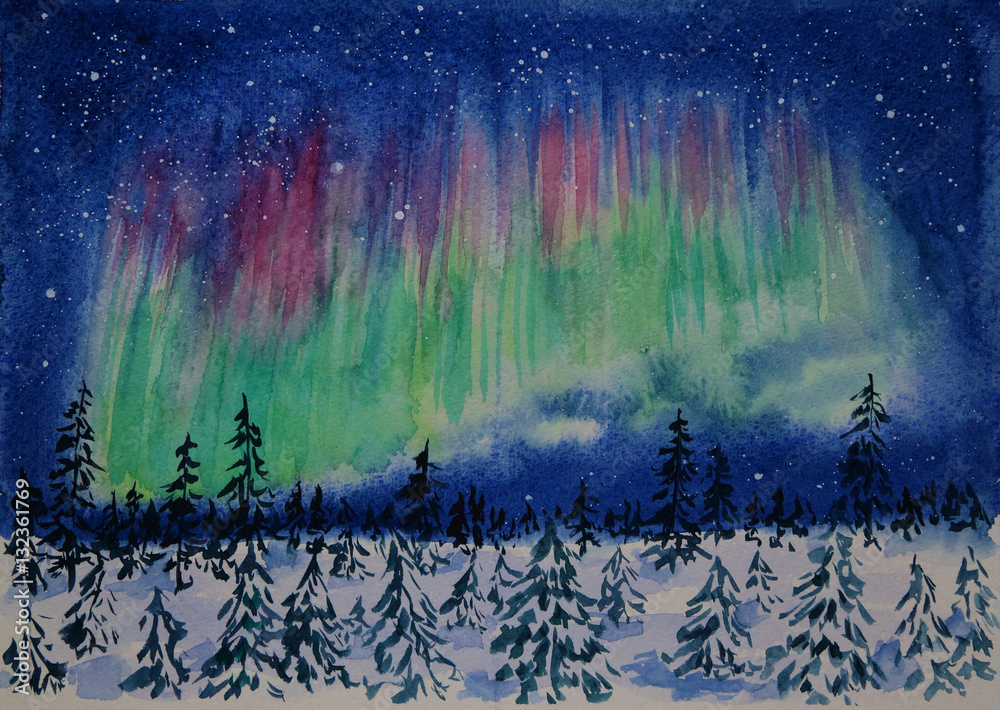 Winter Aurora Borealis watercolor painting
