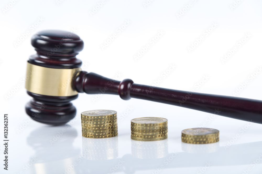 Lady of justice, Wooden and gold gavel on white background isolated. too high gratification, symbol, corruption and bribe in goverment, actions for compensation, sue, lawsuit for damages, divorce Lady of justice, Wooden and gold gavel on white background isolated. too high gratification, symbol, corruption and bribe in goverment, actions for compensation, sue, lawsuit for damages, divorce