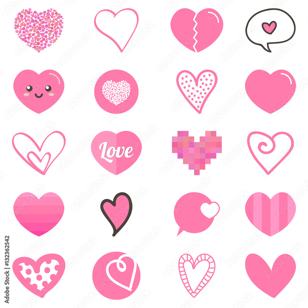 Cute set, collection of pink flat design and doodle hearts for valentine's day design, web and print, isolated on white background.