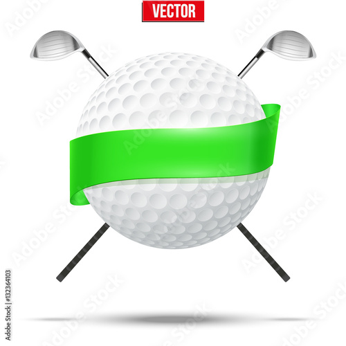 Golf clubs and ball with ribbons. Sporting symbol. Vector Illustration isolated on white background.