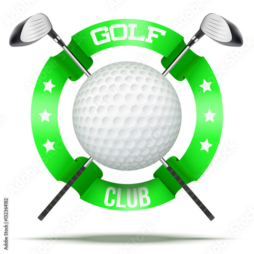 Golf clubs and ball with ribbons. Sporting symbol. Vector Illustration isolated on white background.