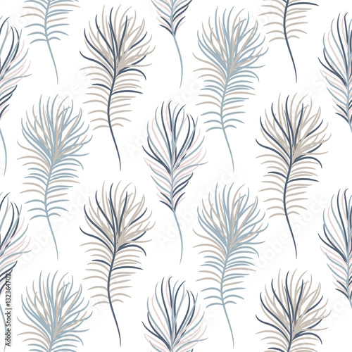 Bird pastel blue seamless vector pattern. Exotic feathers tileable print for textile or wrap paper.