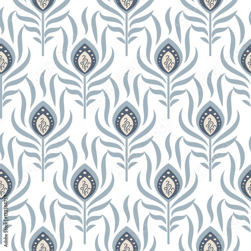 Peacock pastel blue seamless vector pattern. Peafowl feathers tileable print for textile or wrap paper.
