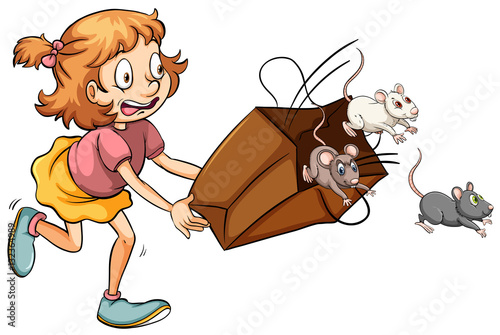 Little girl scared of rats in the bag