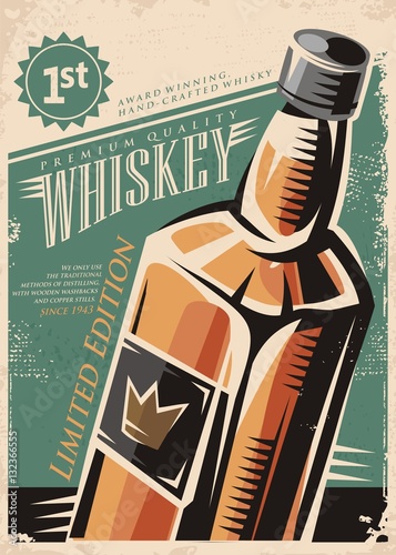 Whiskey retro vector poster design with whisky bottle on old paper background