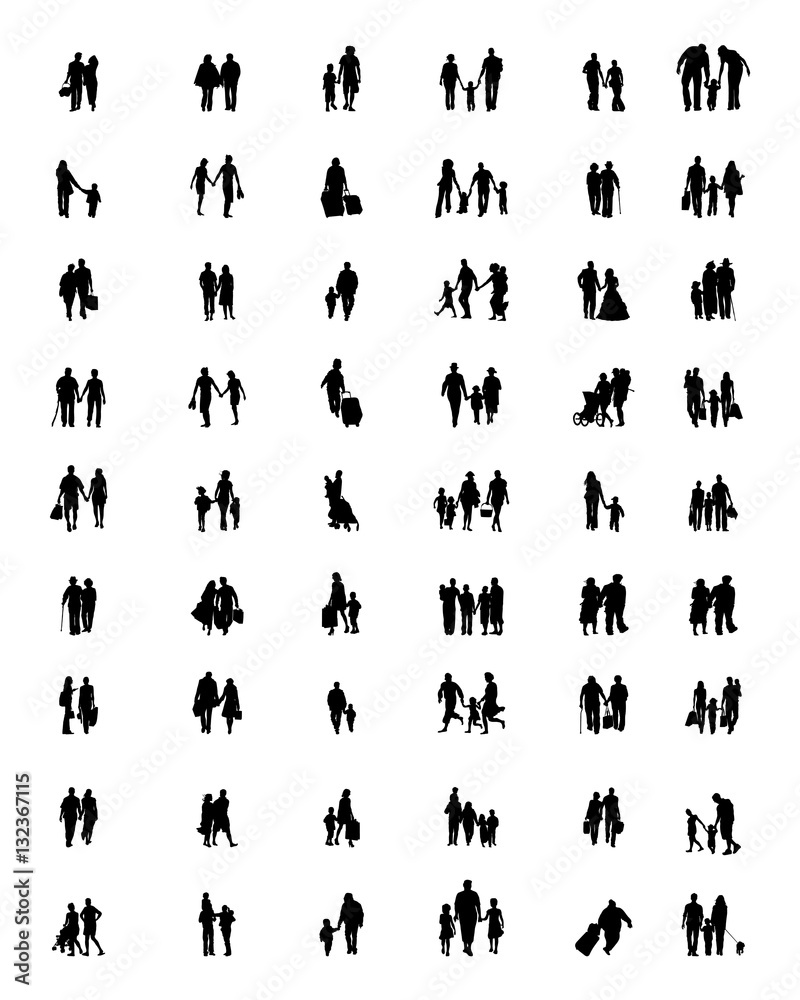 Black silhouettes of families at walking, vector Black silhouettes of families at walking, vector