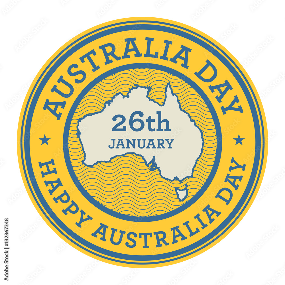 Rubber stamp or tag with text Australia Day, Happy Australia Day