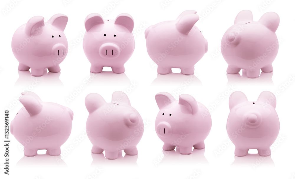 Pink piggy bank set isolated on white background