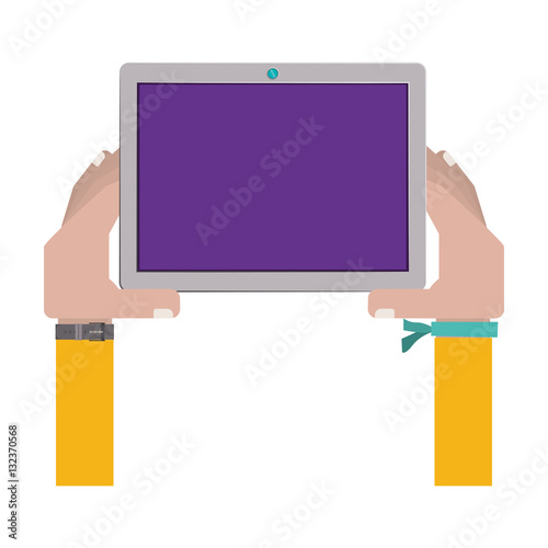 hands holding a touch tablet with bracelet