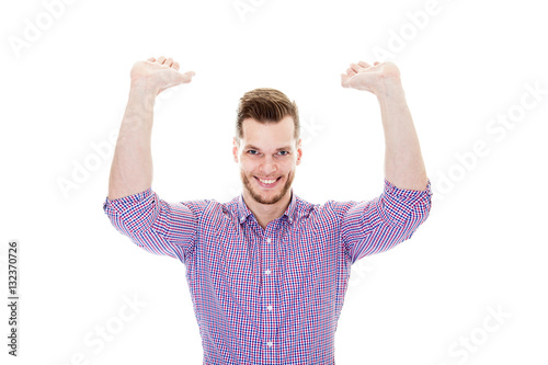 business man holding something up over a white background