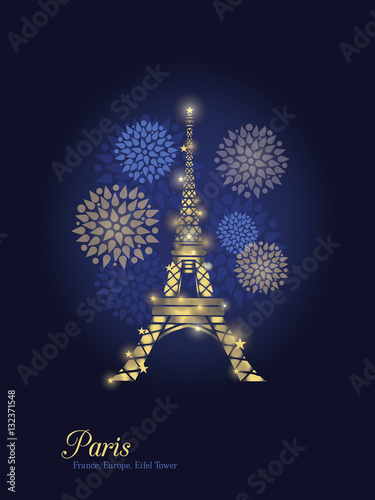 Vector Golden Glowing Eiffel Tower Surrounded By Fireworks in Paris Silhouett...